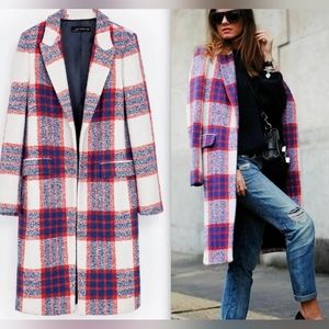 Womens Zara Plaid trench coat sz M Blue, red, off white.